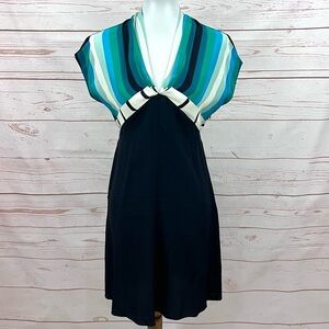 Anna Sui Silk Teal Serape Striped Dolman Sleeve Geometric Peplum Dress